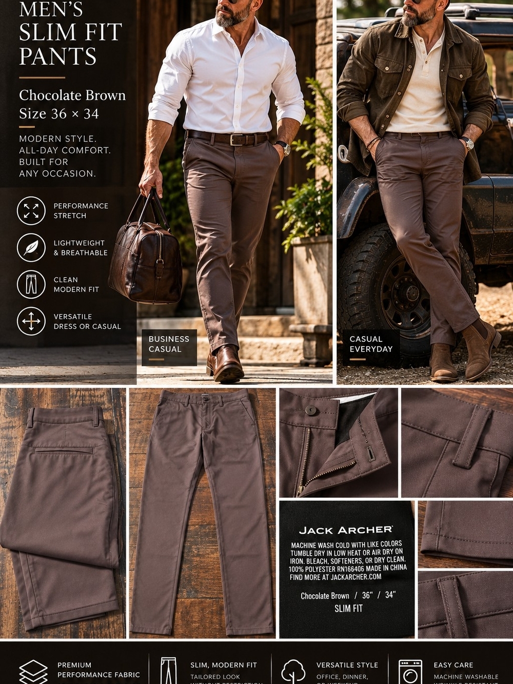 Jack Archer Men’s Slim Fit Performance Pants – Chocolate Brown – 36x34
